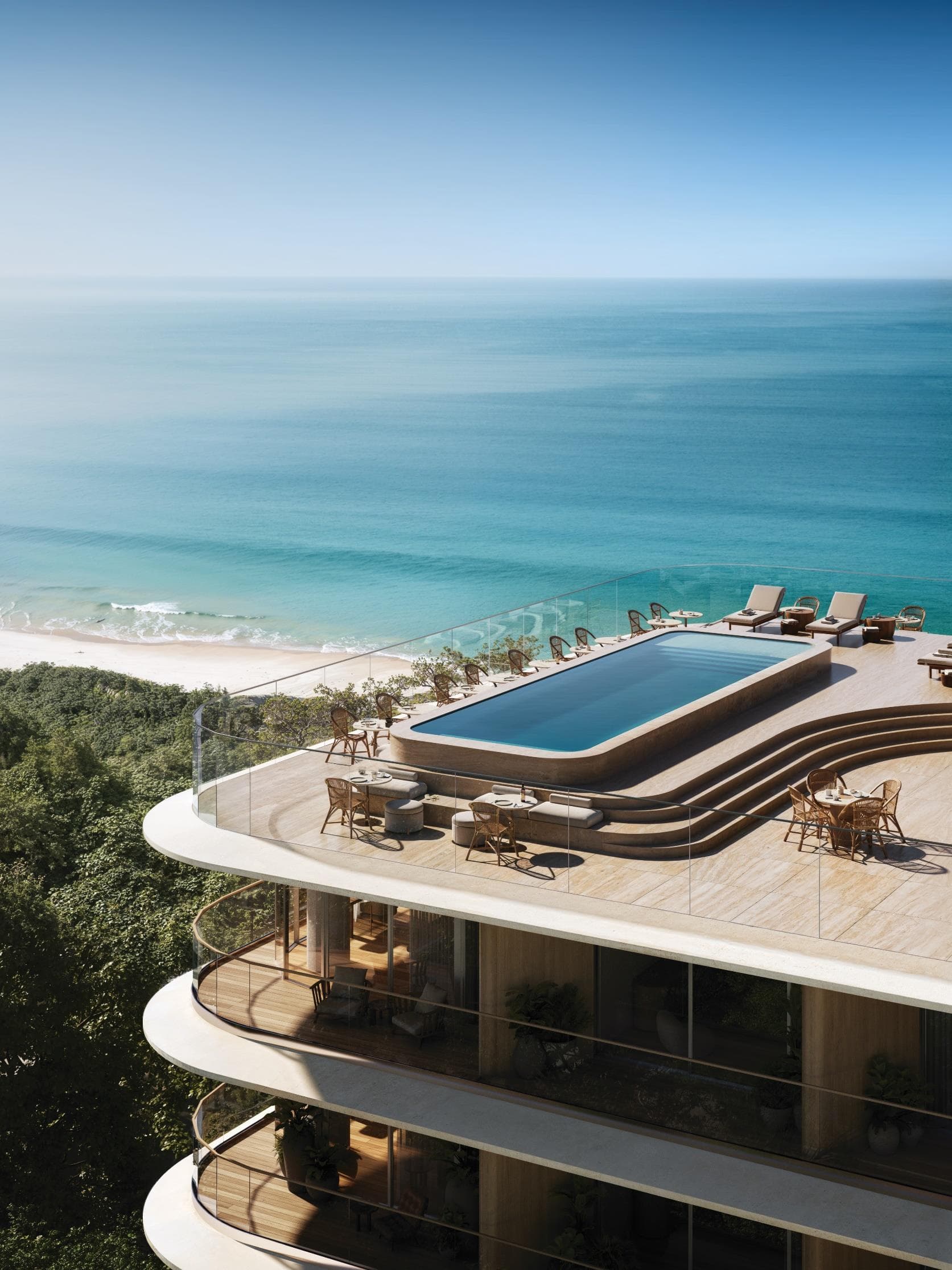 Rooftop do hotel boutique do Oceana by Arquitectonica com piscina e vista para o oceano